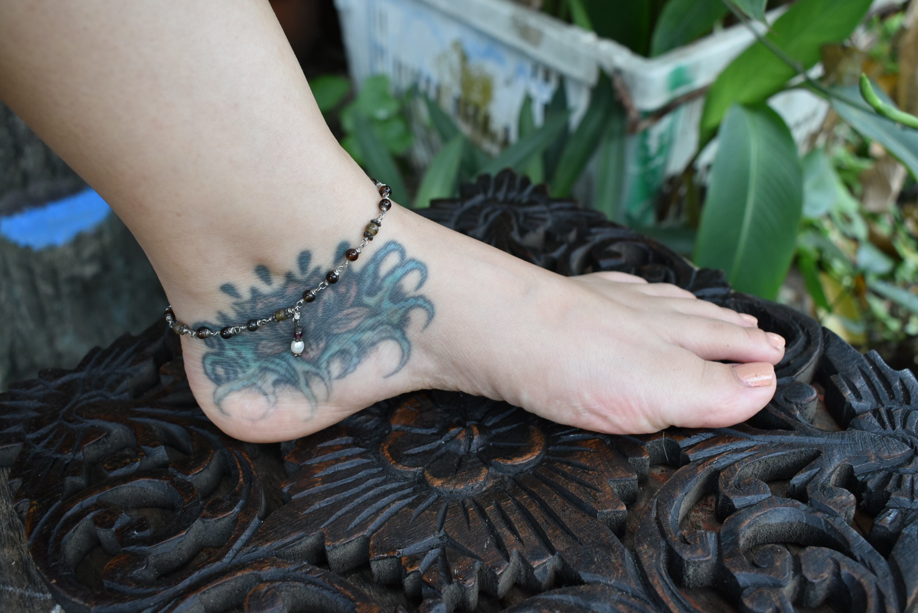 天然パール★ガーネット★アンティークワイヤービーズアンクレットank001