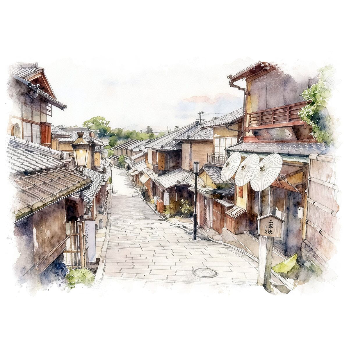 絵画 風景画(街並み) 日本 京都府 雨の産寧坂(三年坂)インテリアアート額付き 水彩画・油絵風 WAT1536