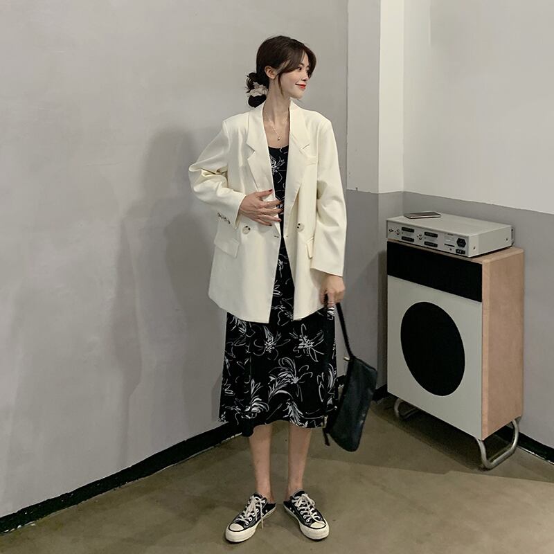 スーツレディース2020年初秋新スタイルスモールルーズスーツジャケット+ハイウエストフローラルサスペンダースカート クレセントシティ10599511779