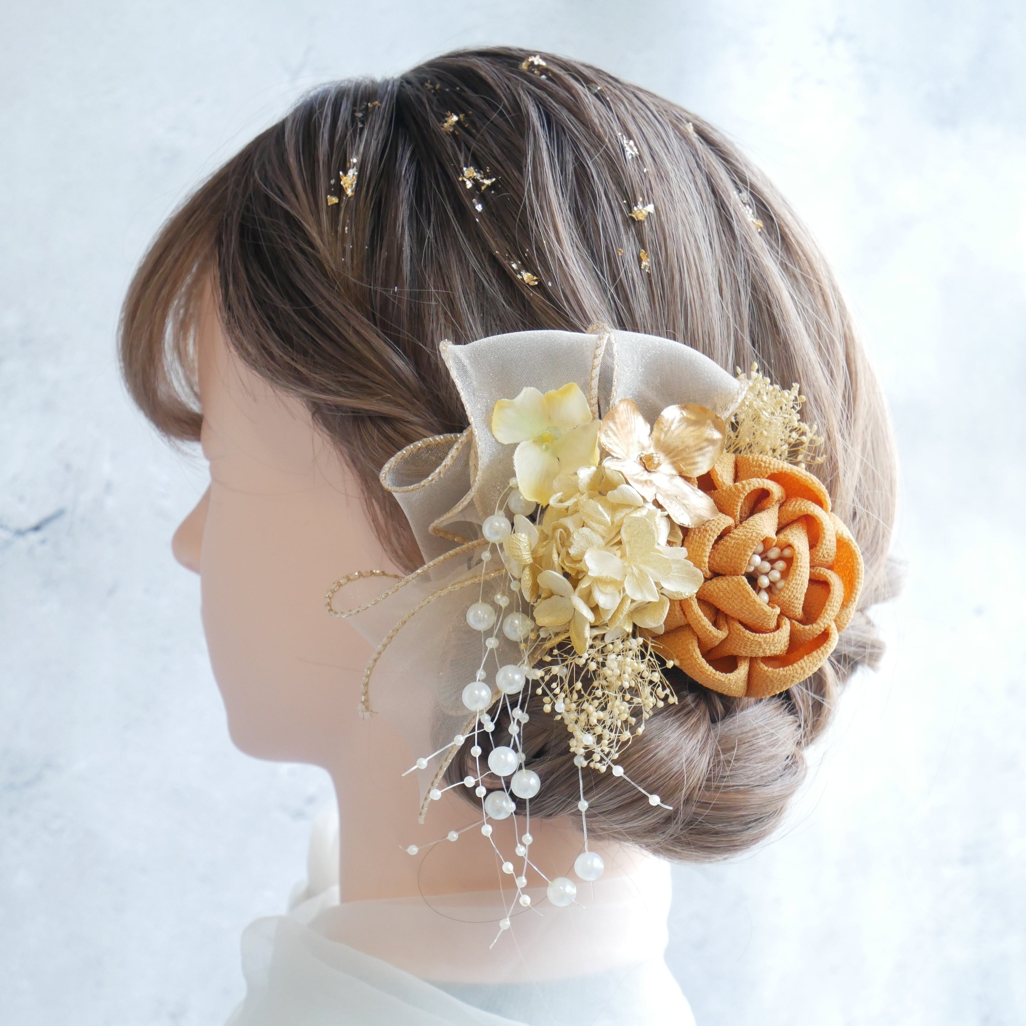 A471 つまみ細工 ドライフラワー 髪飾り 黄色 成人式 前撮り 卒業式