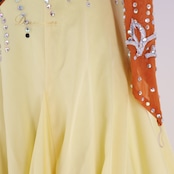 社交ダンス 衣装 スタンダードドレス ワンピース ドレス 茶色 黄色 フリル レース デモ 競技 ダンス パーティ 発表会 ブラウン系 イエロー系 華やか スカート ふんわり 明るめ 色味 競技用 発表用 大人用 女性用 フォーマル