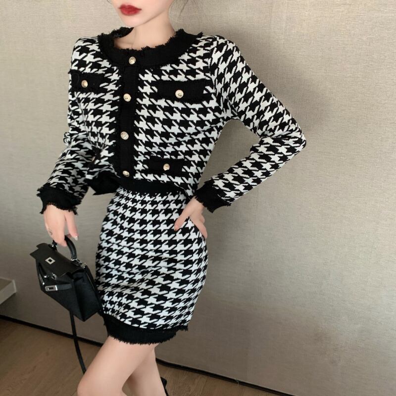 ニットカーディガンハイウェストウェストスカート スプリング 春物 ブラックストロベリース19221433810