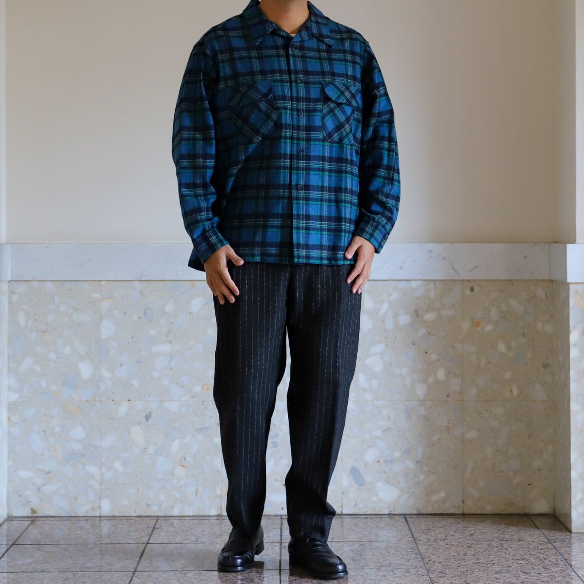 未使用】70s PENDLETON ombre check wool shirts made in USA dead