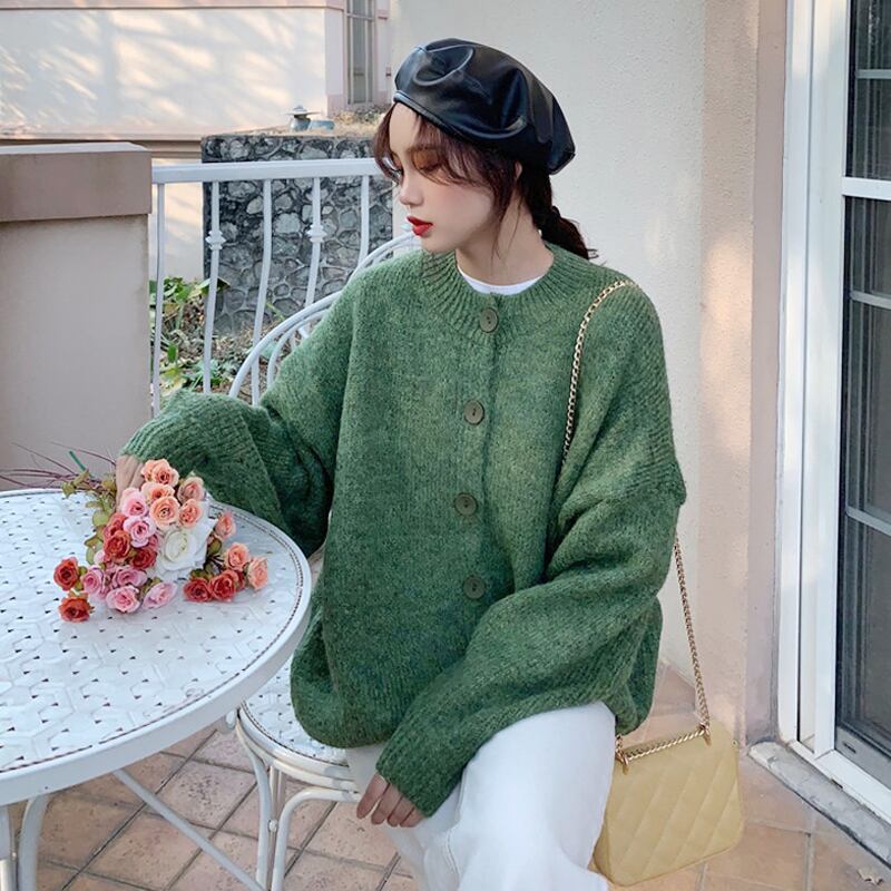 グリーンセーター ジャケット スプリングオータムスタンダードルーズスタイルニットカーディガン レトロ 春物 秋物 試着室44730243231