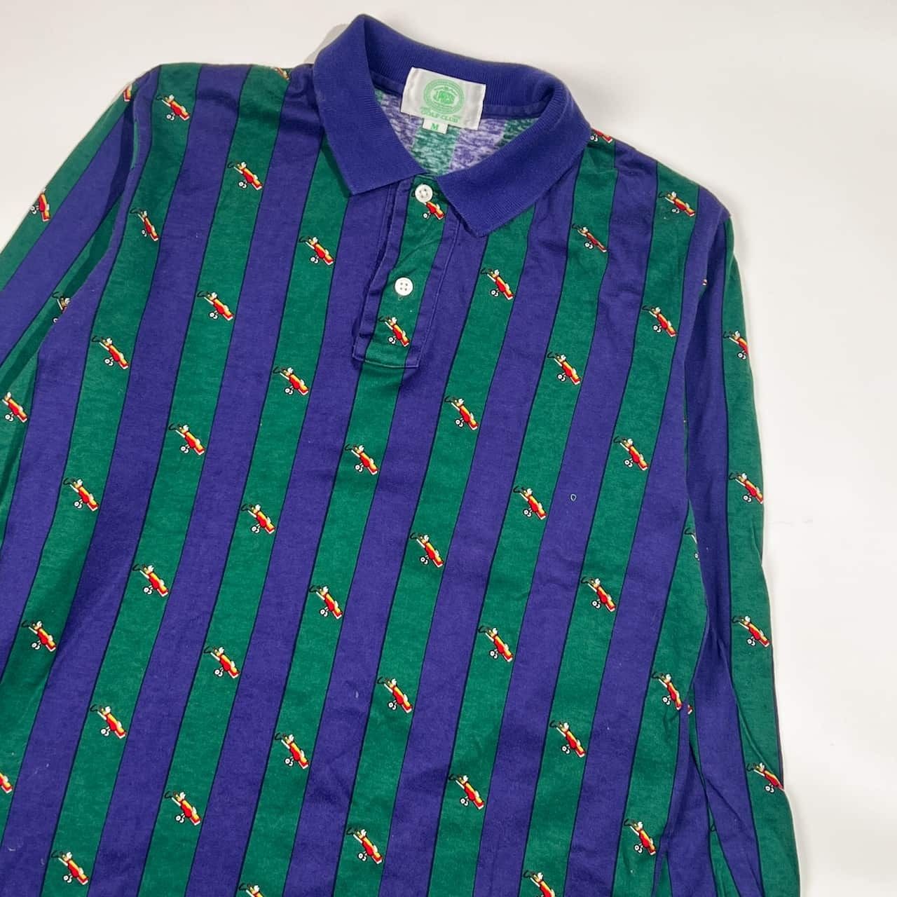 J.PRESS ジェイプレス GOLF CLUB ゴルフ ストライプ ゴルフ柄 天竺 長袖 ポロシャツ M/青紫系×グリーン メンズ スポーツ