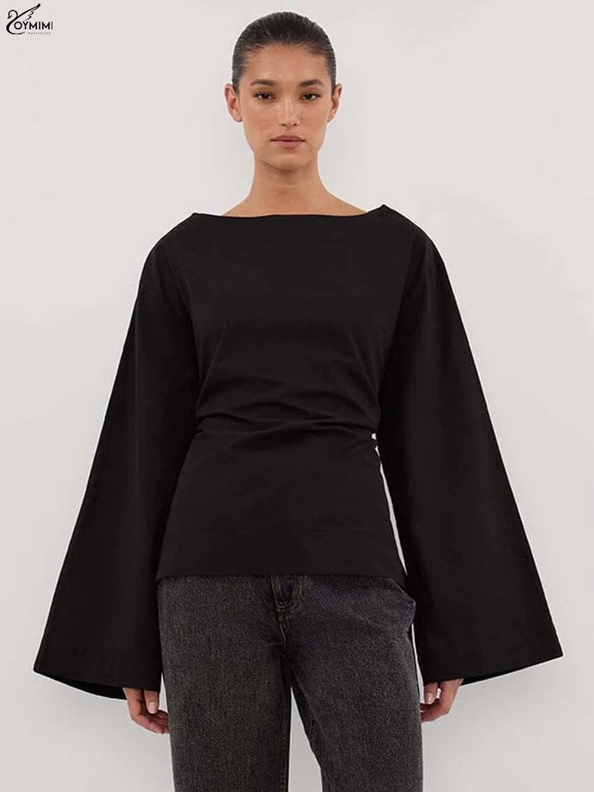 Oymimi ファッション黒綿女性のブラウスエレガントな O ネック長袖ルーズブラウスカジュアル新固体レースアップブラウスストリート
