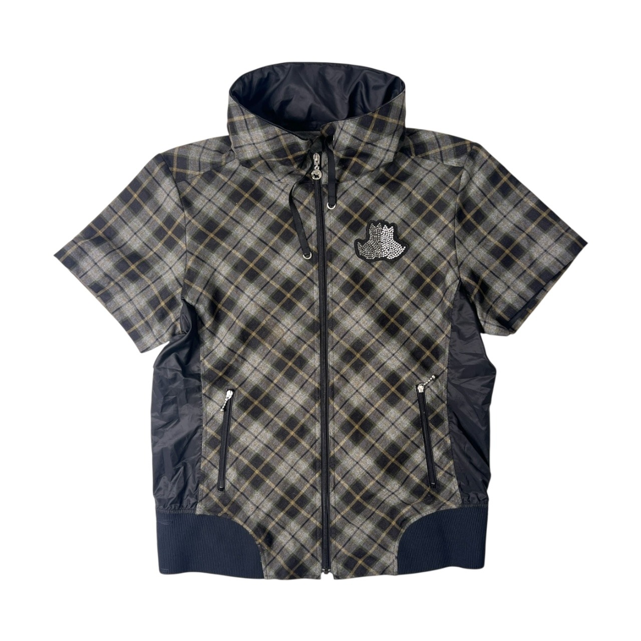 Black & White ブラックアンドホワイト チェック柄 半袖ジップアップジャケット 2/フード収納 ワッペン付き