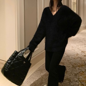 Imitation mink v-neck loose pullover sweater【H00410】