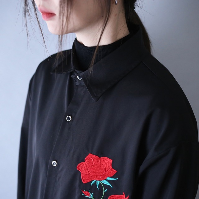 "刺繍×薔薇" one point design loose silhouette black mode shirt