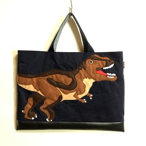 【Dinosaur Scientist's Must-Have!】book bag/Tyrannosaurus　レッスンバッグ・恐竜ティラノサウルス（ネイビー）アップリケ／男の子/合皮つき