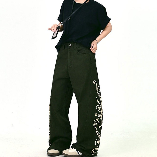 フローラルエンブロイダリーストリートワイドパンツ 2col   R01377