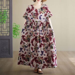 FLORAL PRINT ROUND NECK SHORT SLEEVE MAXI DRESS M-17706