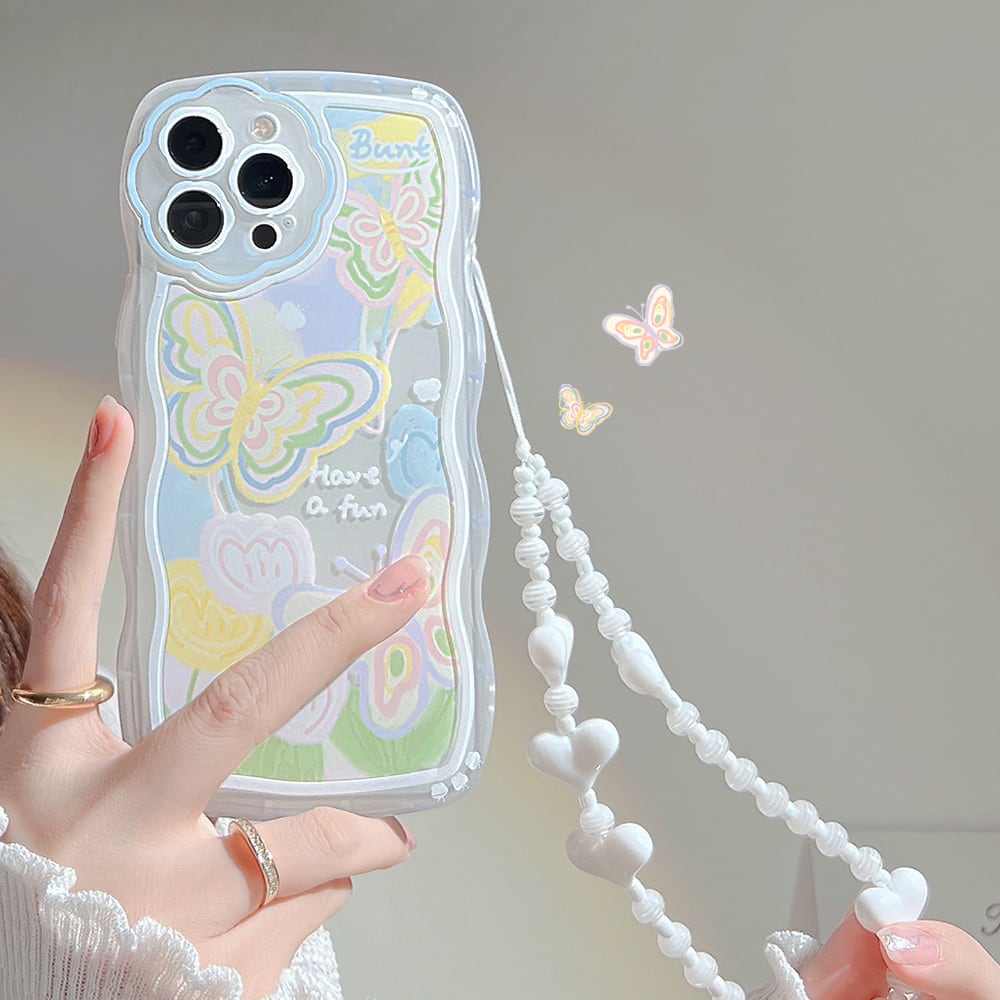 【Iphone15】フレームフラワーとバタフライデザイン【ソフトケース】 iPhone15シリーズ対応】Have a fun◎人気のウェーブフレーム 可愛い