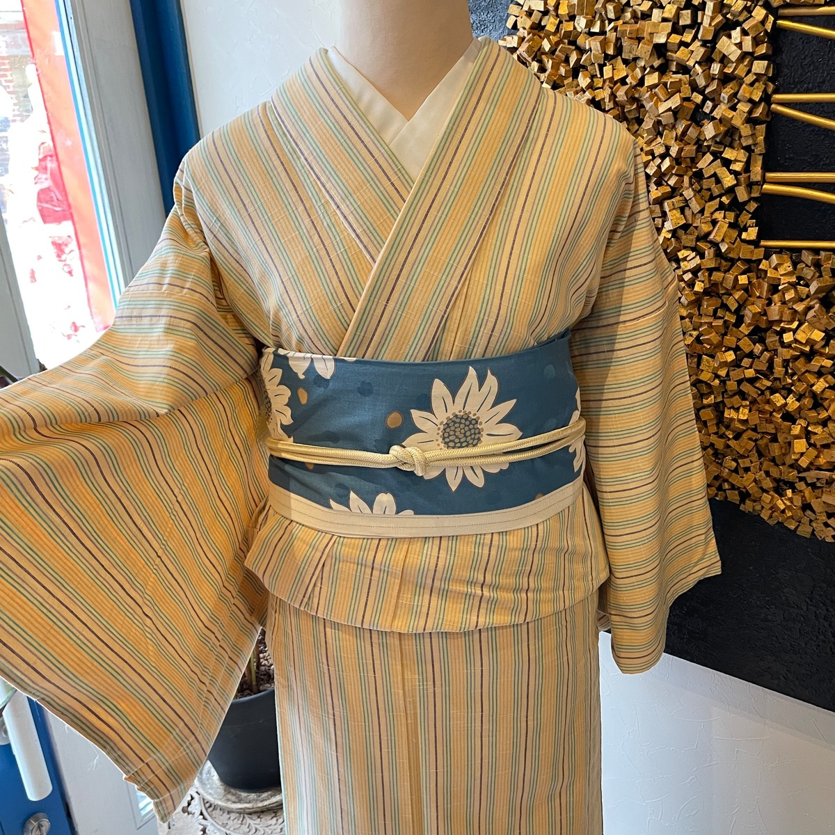 結城紬縞新品粋ブルー系