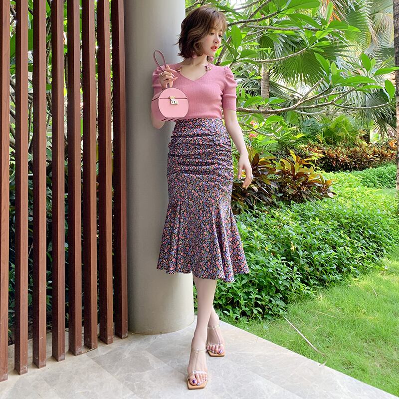 ハイウェストウェストスリムプリントスカート サマースタイル 夏物 ステッチ MIUCO55286862794