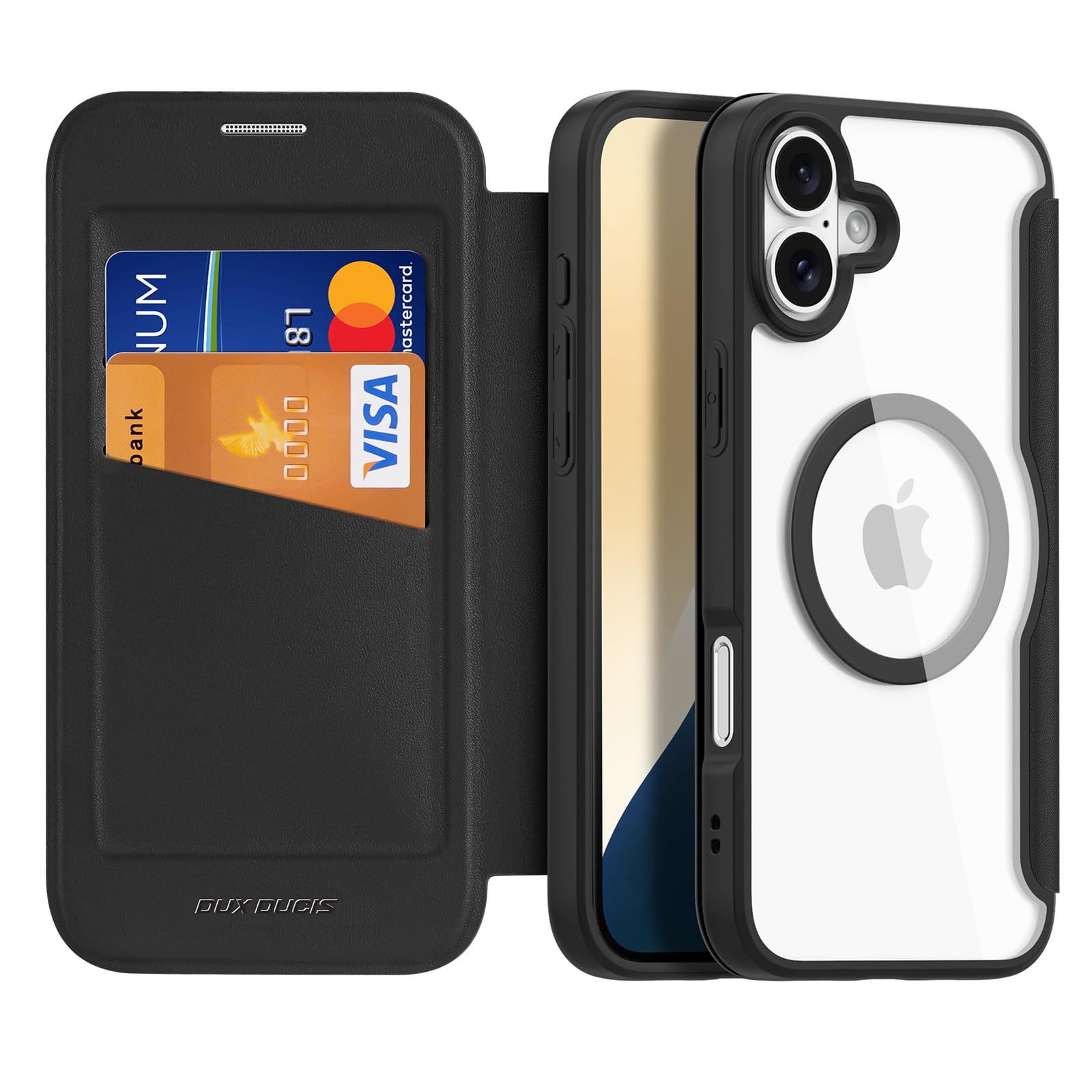 NODALA iPhone 16 用 ケース 手帳型 MagSafe対応 カード収納 背面クリア ブラック
