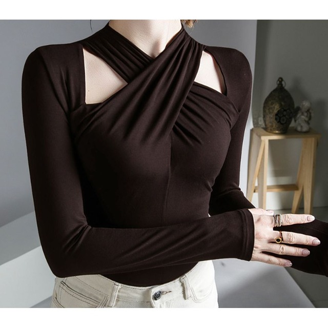 クロスネック カットアウト タイトフィットトップス 2col　D00191