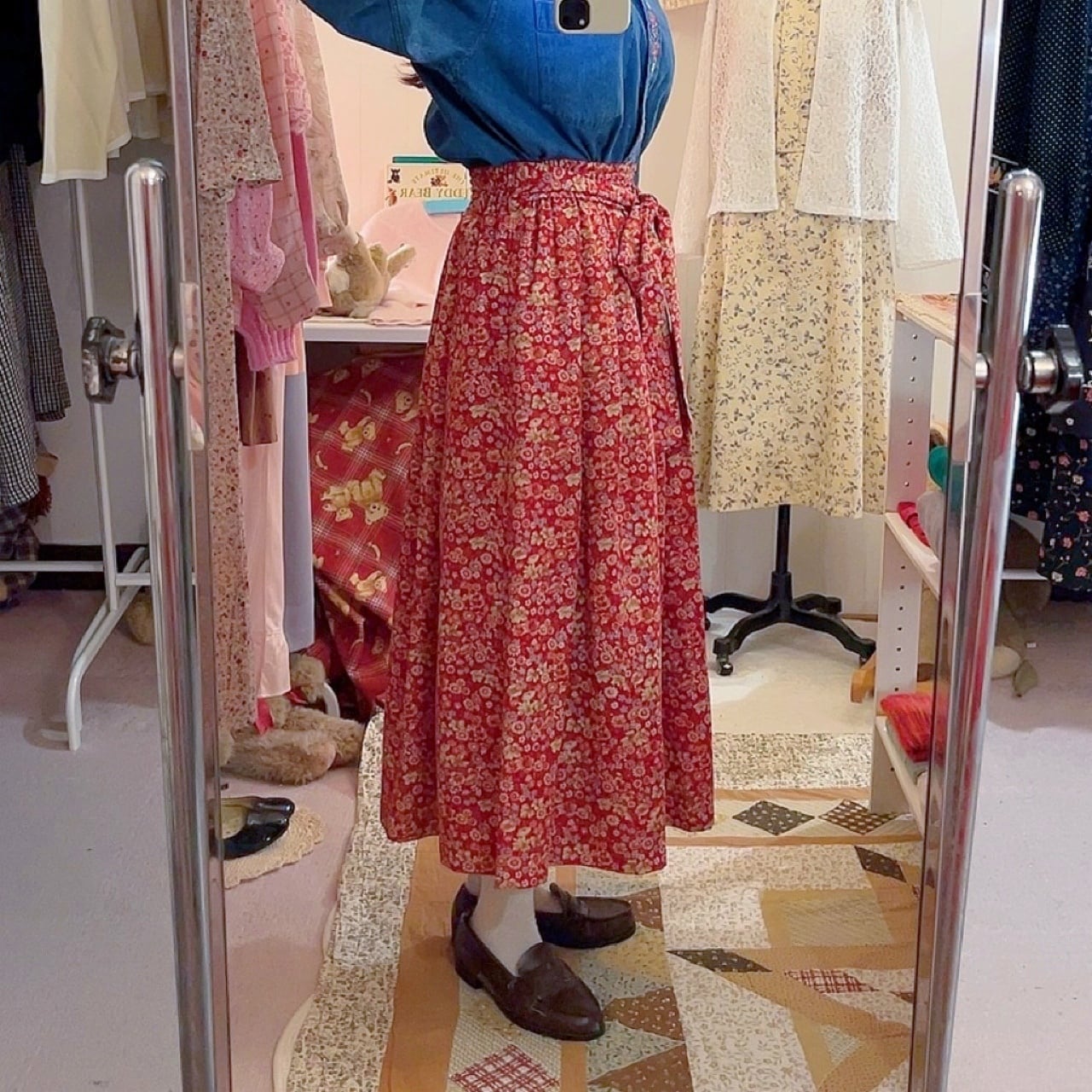 red flower waist ribbon skirt