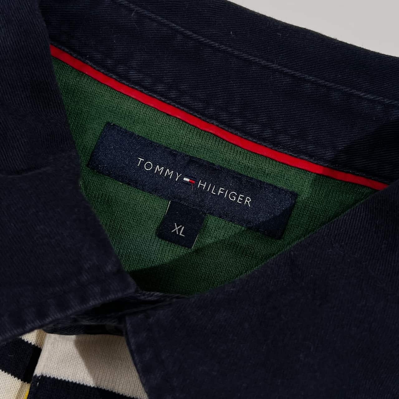 TOMMY HILFIGER トミーヒルフィガー ボーダー 天竺 長袖 ポロシャツ XL/ホワイト×ネイビー メンズ