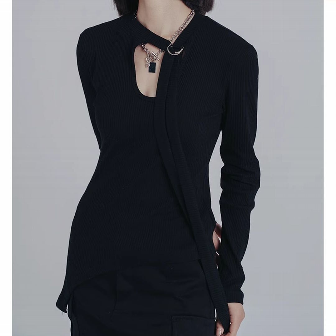 胸元開きスリムストレッチ長袖シャツ T0358