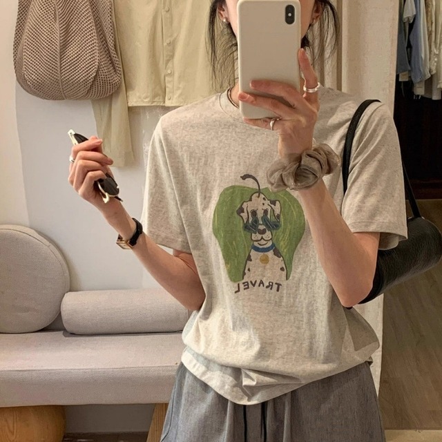 ラウンドネック ドッグプリント 半袖 Tシャツ　204607