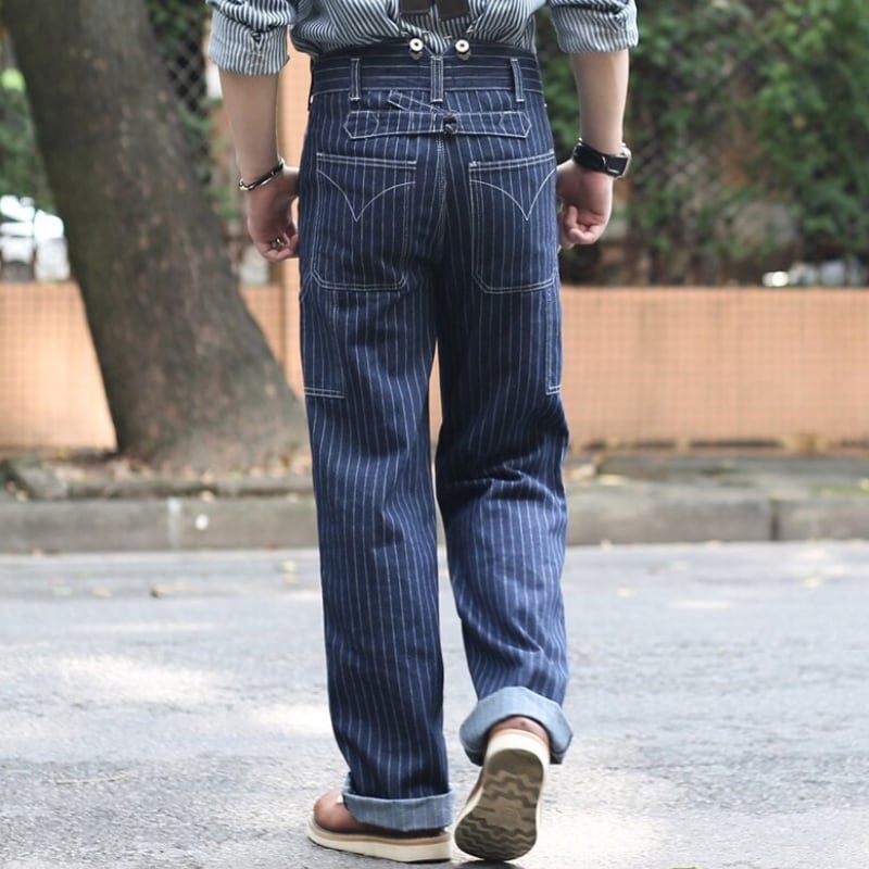 当店人気】ワイドレッグ ストライプ柄ライトデニムパンツ サスペンダー