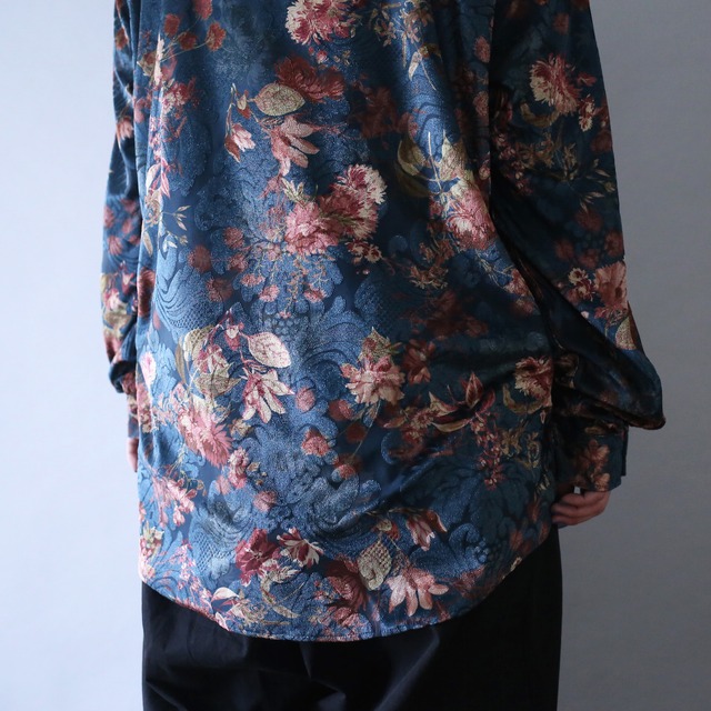 beautiful flower pattern loose silhouette velours see-through shirt