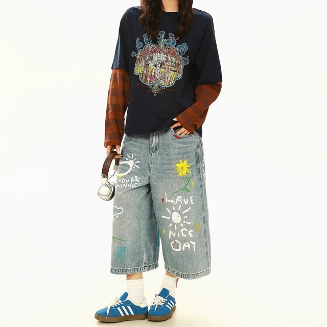 レトロアニマルプリントボーダースリーブドッキングTシャツ 2col   R02584