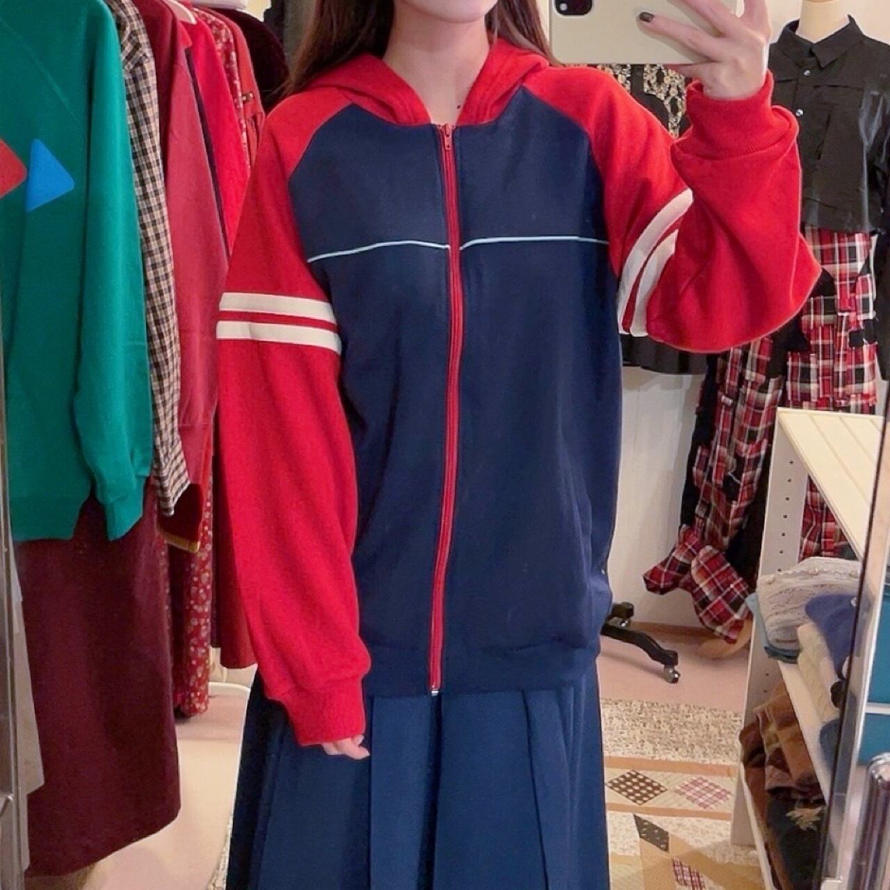 90s red navy jersey hoodie