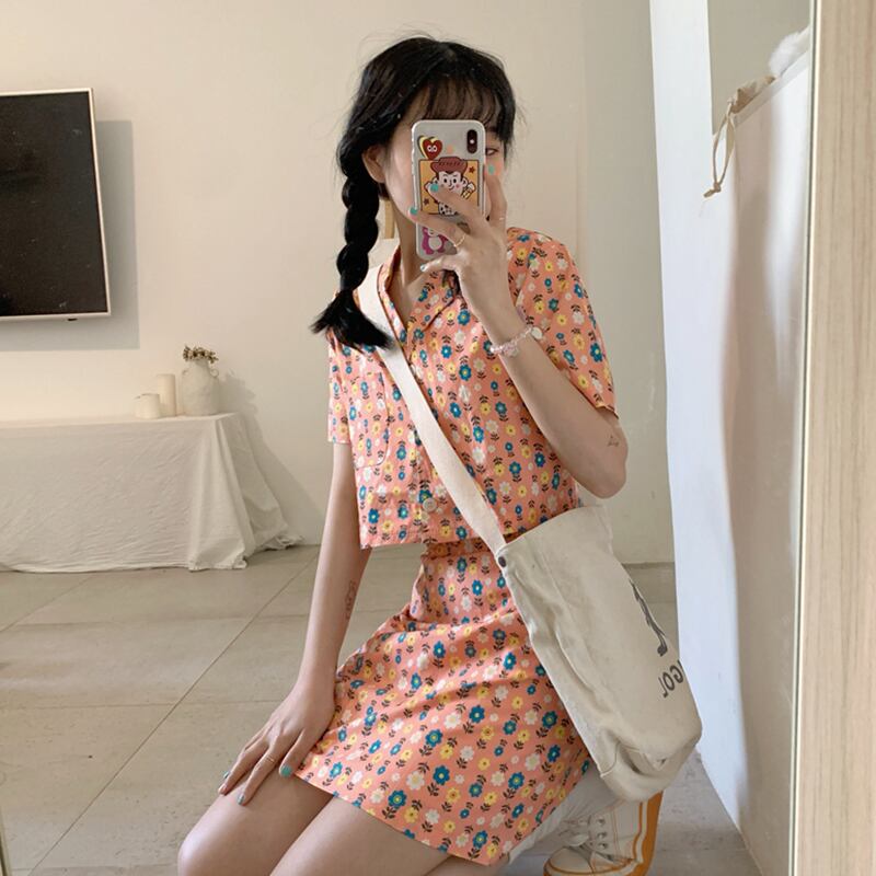 サマースタイルFlowerデザイン ショートシャツ ハイウェストウェストスカート 夏物 フラワーデザイン 萌量不足4065913340