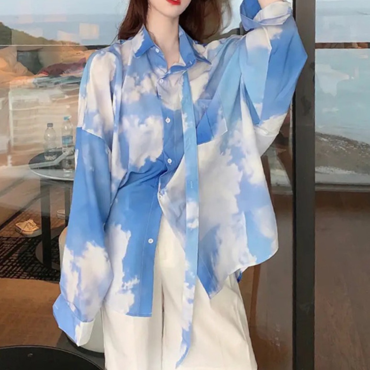 青空柄】blue sky pattern long sleeve drop shoulder shirt / ブルー  