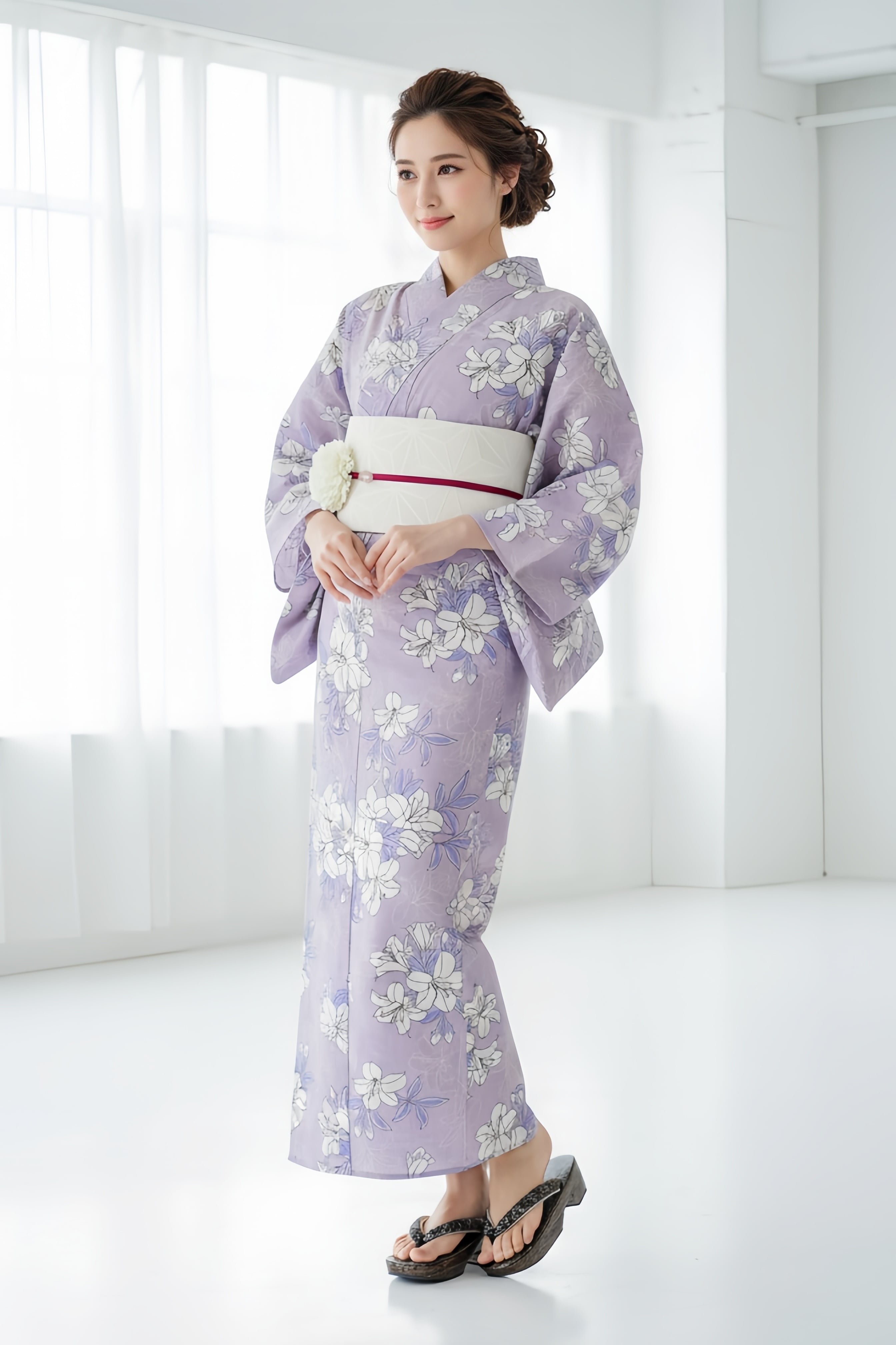 浴衣ジェンヌ 浴衣5点セット 紫ピンク 花柄 ゆかた 半幅帯 レディース浴衣 浴衣