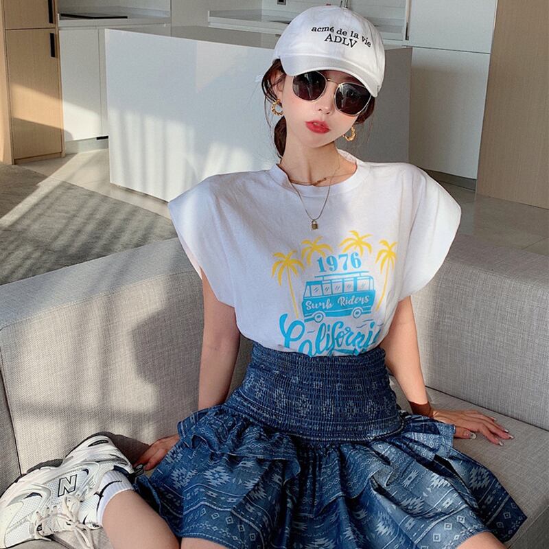 サマースタイルプリントTシャツ ハイウェストウェストスカート 夏物 ドラファッションホール75940171789