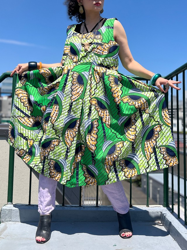 Vintage big size african batik green floral cotton sleeveless dress