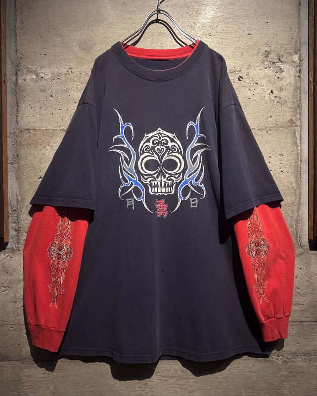 【Caka】Tribal Skull Print Vintage Loose Layered Design L/S T-Shirt