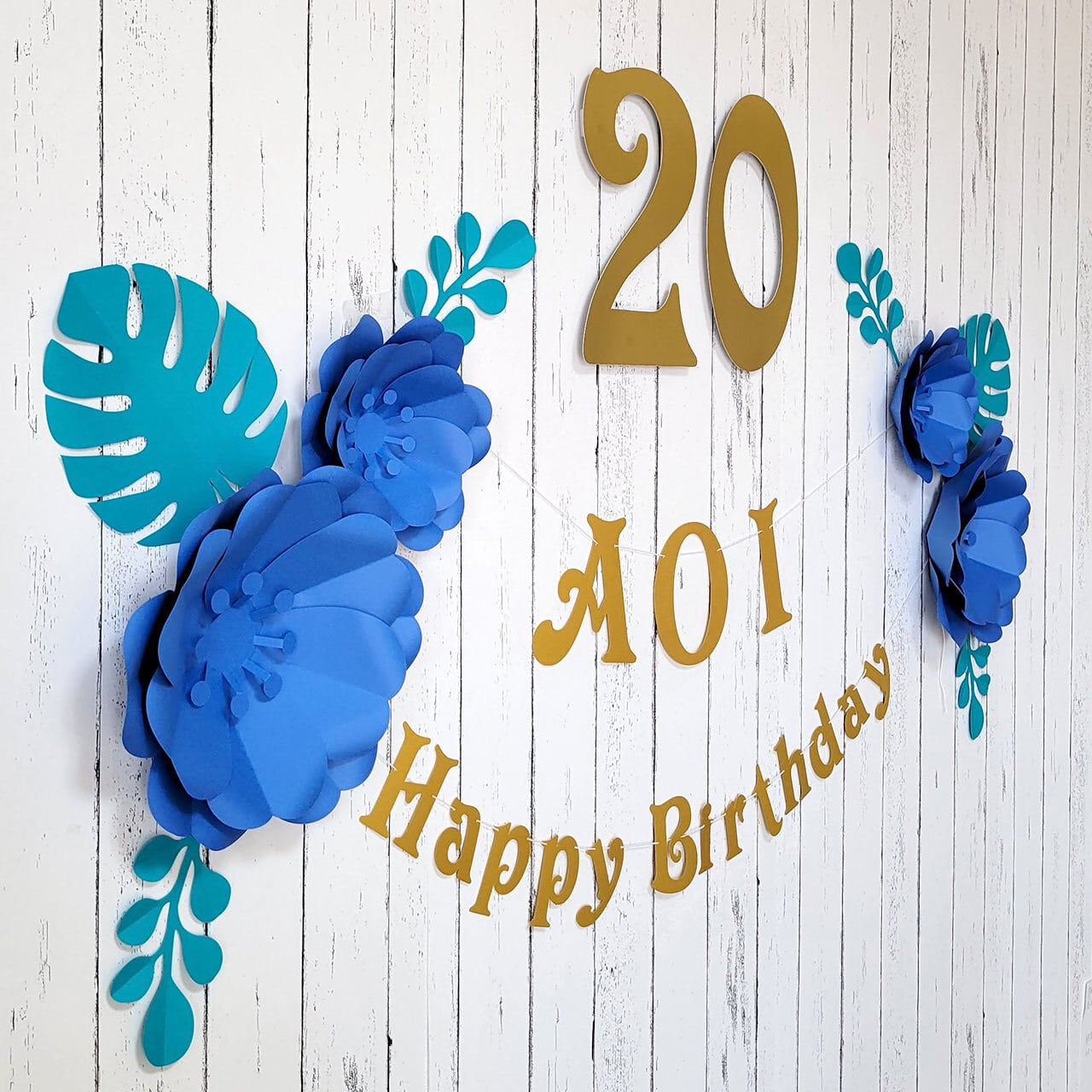 数字が選べる！ボタニカルなフラワーアーチの飾り付けセット（ブルー