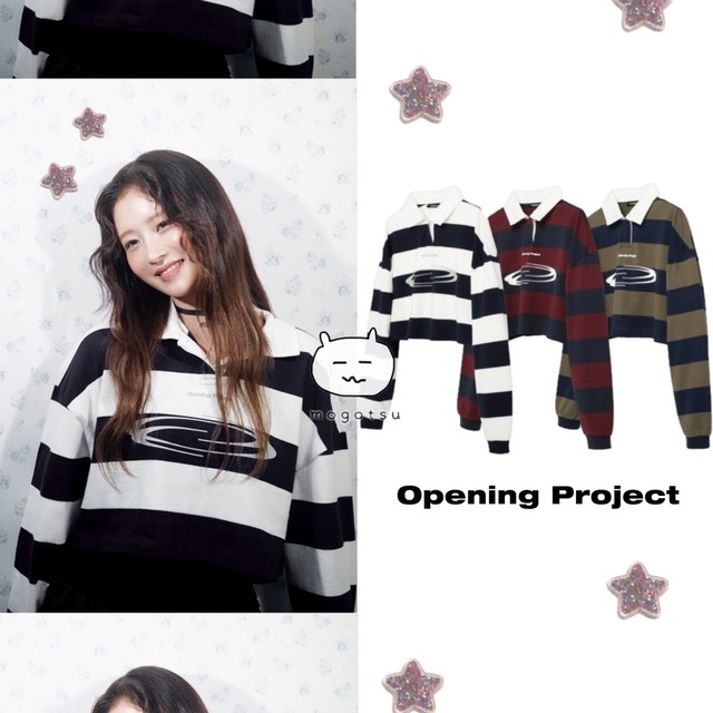 条件付き数量限定トレカ付き！★IVE レイ 着用！！【OPENING PROJECT】W Identity Stripe Collar T Shirt - 3COLOR