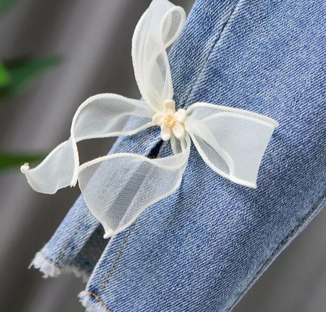 【一部即納】リボンデニム》》》》》春 チュール デニム パンツ 女の子 プチプラ