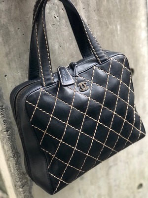 CHANEL シャネル　ワイルドステッチ　ココ　レザー　ハンドバッグ　ブラック　vintage　ヴィンテージ　オールド　hfm6a8