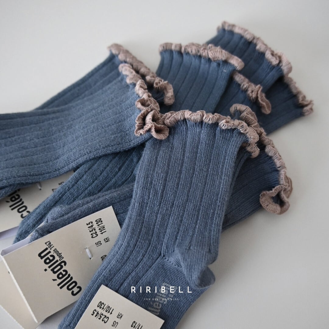 【collegien】Delphine - Lettuce Trim Ribbed Socks - Bleu Cendré