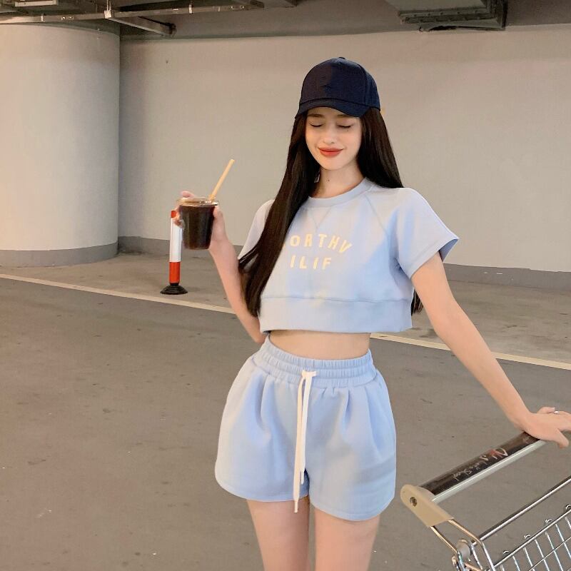 Tシャツ サマー薄手ルーズショートハイウェストウェストクロップドブルートップス 夏物 ブラックストロベリース651518837