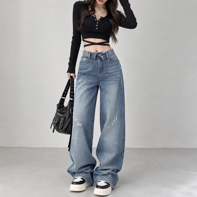 wrap style short top × damage loose fit denim pants (2set) la2652