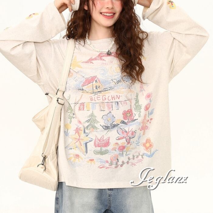 2色 ドリーム カラフル 長袖 Tシャツ ロンT ルーズ カジュアル (MC529)ρ