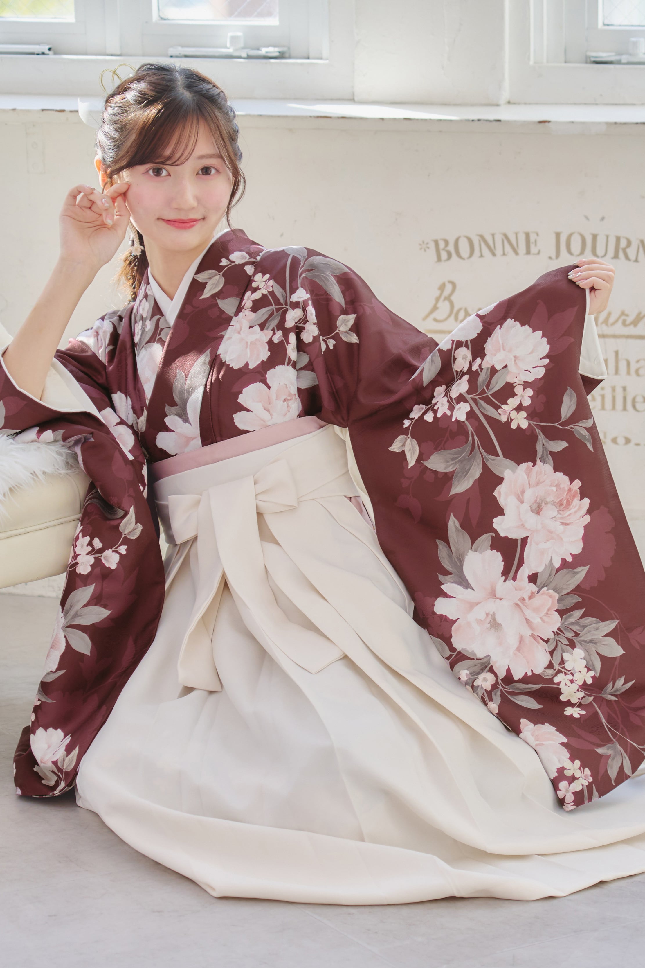 【袴4点set】麗し芍薬の花重ね(エンジ)98WWH/LBJ