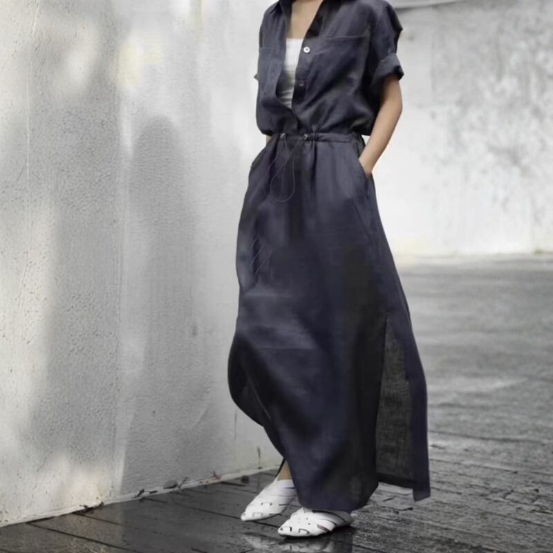 Drawstring Side-slit shirt dress ◆3color 204730