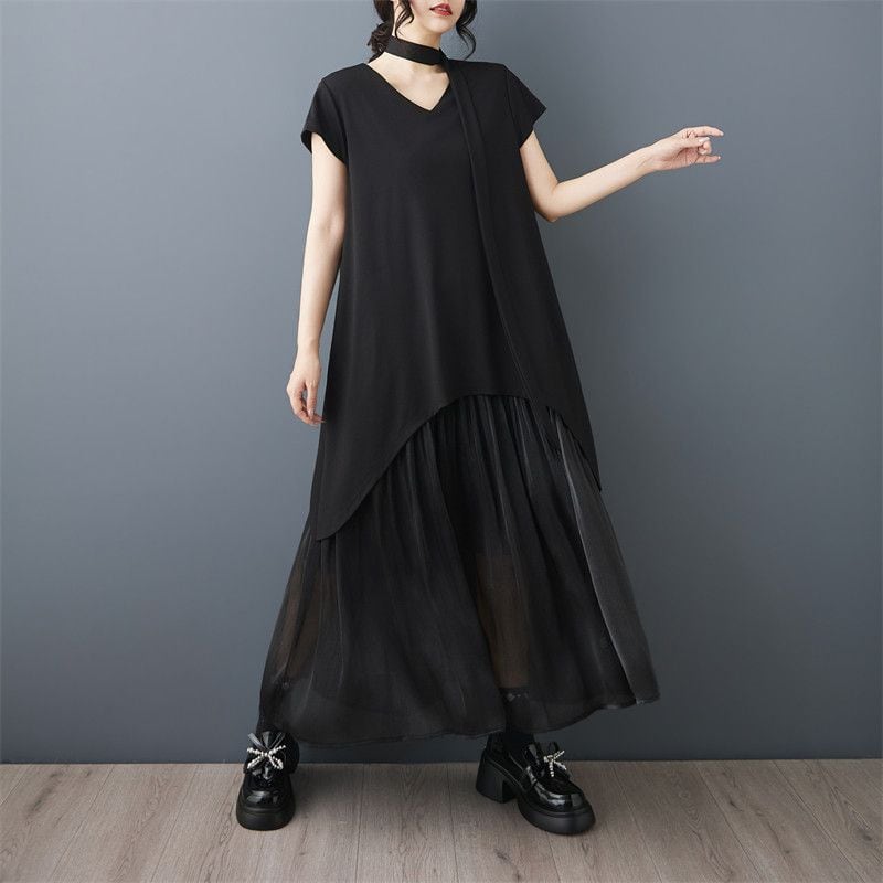 ASYMMETRIC V-NECK MESH PANEL LAYERED MIDI DRESS M-17633