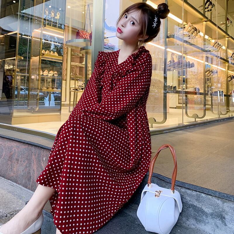 【新作】【送料無料】 マタニティドレス2020春と秋の新しいマタニティドレスファッションVネック水玉ルーズミドルレングストレンディマタニティドレス-アリババ スプリング 春物 オータム 秋物 expec241239639846