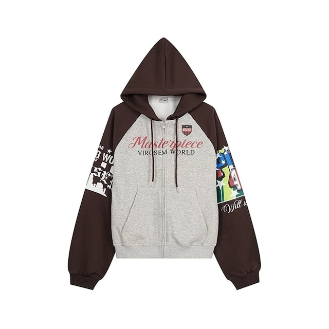 スリーブグラフィックカラーブロックジップアップパーカー 1col R02647