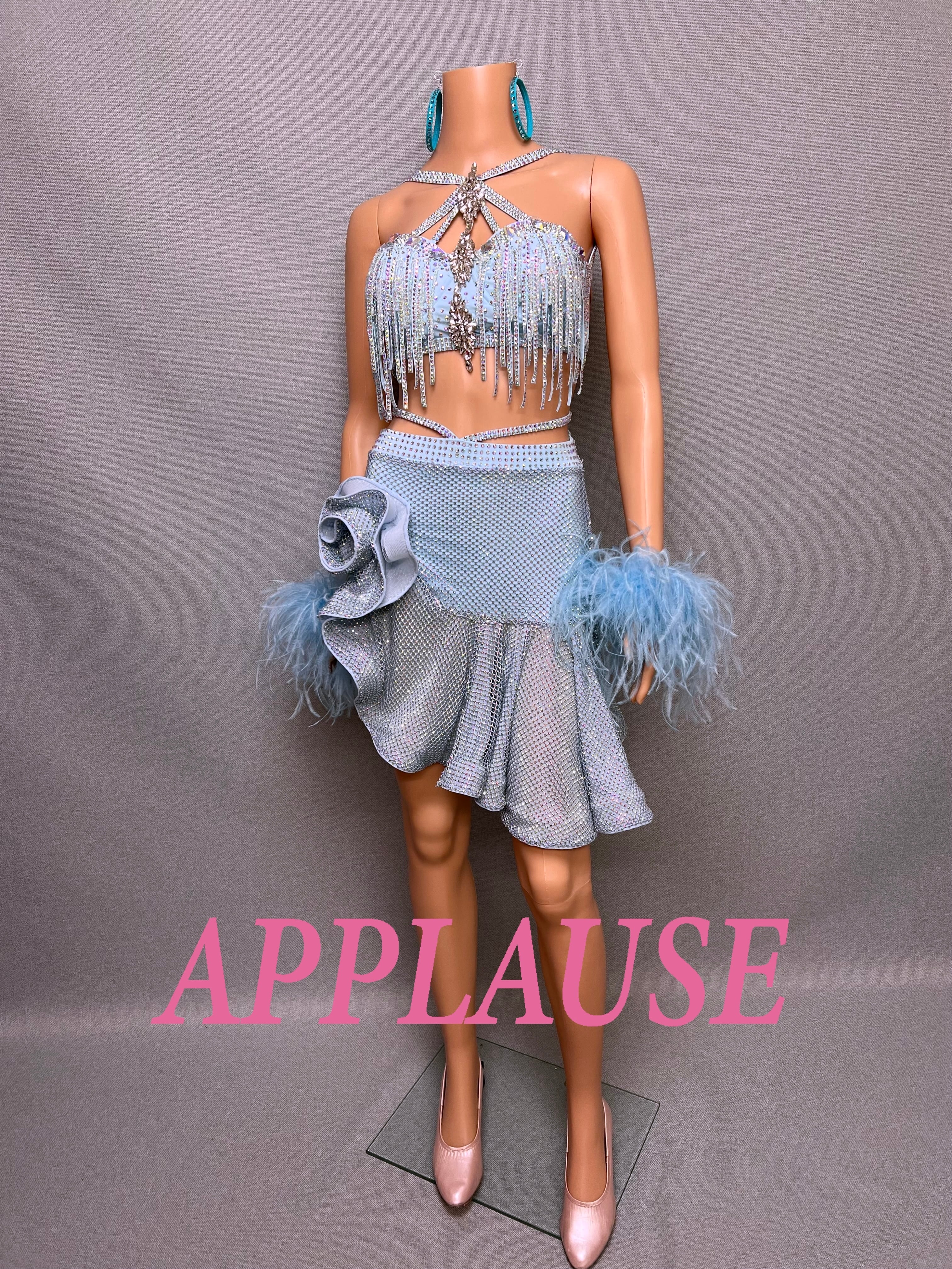 【新着】社交ダンス ドレス　ラテンドレス　　ウォーターブルー　M　LA-26-４　デモ・競技用ドレス　発表会　衣装　パーティドレス　ワンピース　舞台衣装