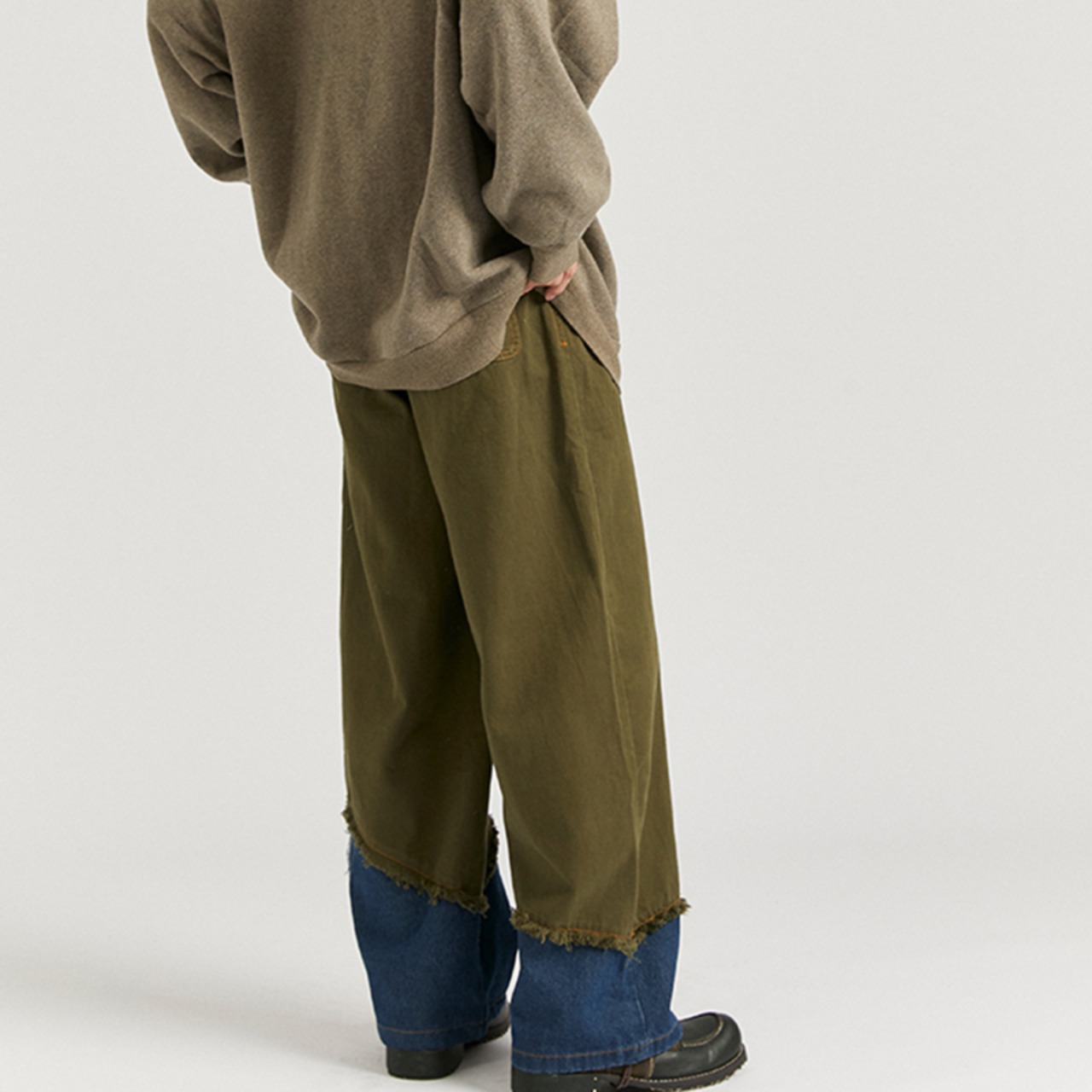 【大人気特価】OctopusMe青丹色の配色デニム切替パンツ